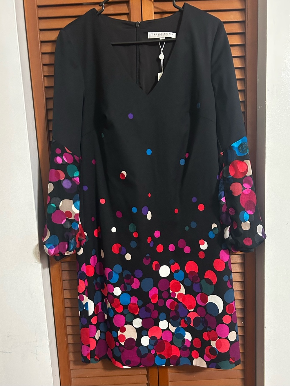 Trina Turk Black Shift Dress with Multicolor Dot Print and Puff Sleeves size 8